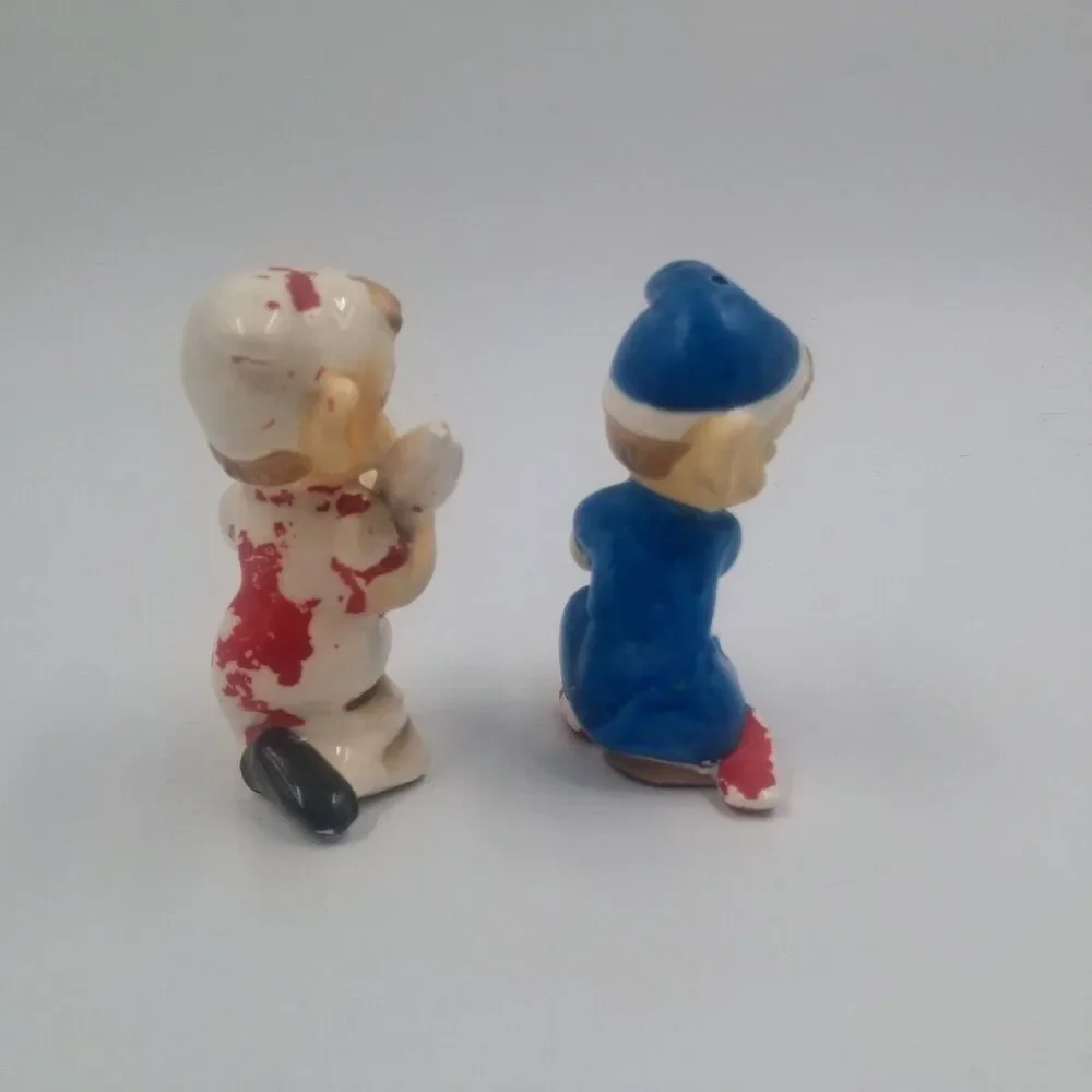 Vintage Sewing Pixie Elf Salt Pepper Shaker Set Ceramic MCM Ironing Scissors